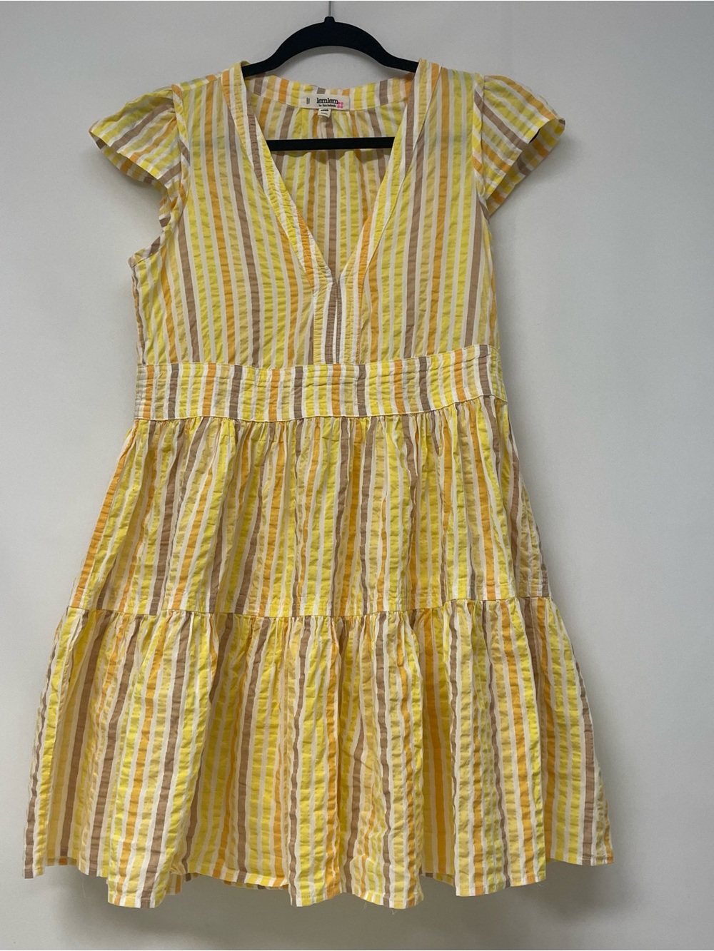Lemlem Yellow and Cream Striped V-Neck Tiered Dress Size M